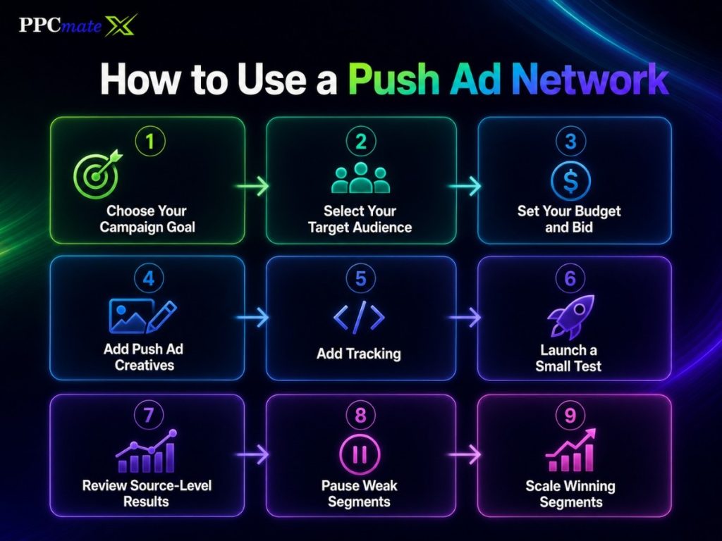 PPCmate infographic titled “How to Use a Push Ad Network” showing nine steps: choose campaign goal, select audience, set budget and bid, add creatives, add tracking, launch a small test, review source-level results, pause weak segments, and scale winning segments.