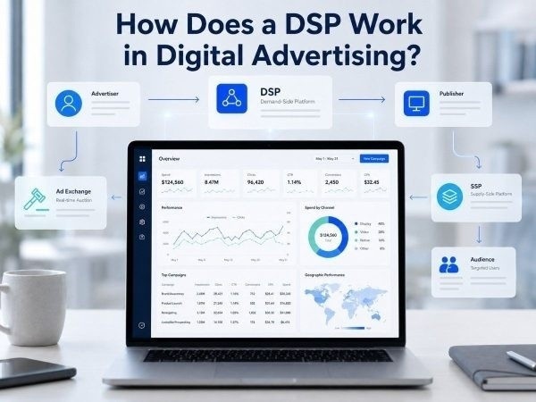DSP workflow in digital advertising, connecting advertiser, DSP, publisher, SSP, ad exchange, audience, and analytics dashboard.