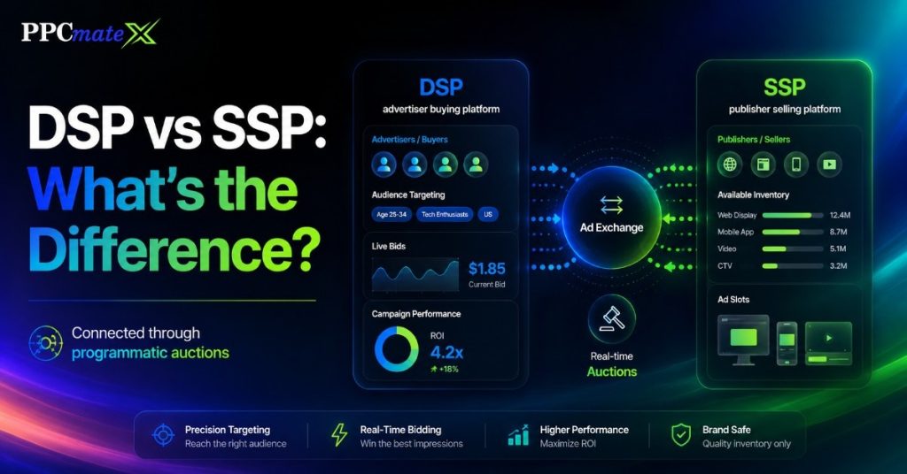 Infographic comparing DSP and SSP platforms, showing advertisers and publishers connected through an ad exchange with real-time programmatic auctions.