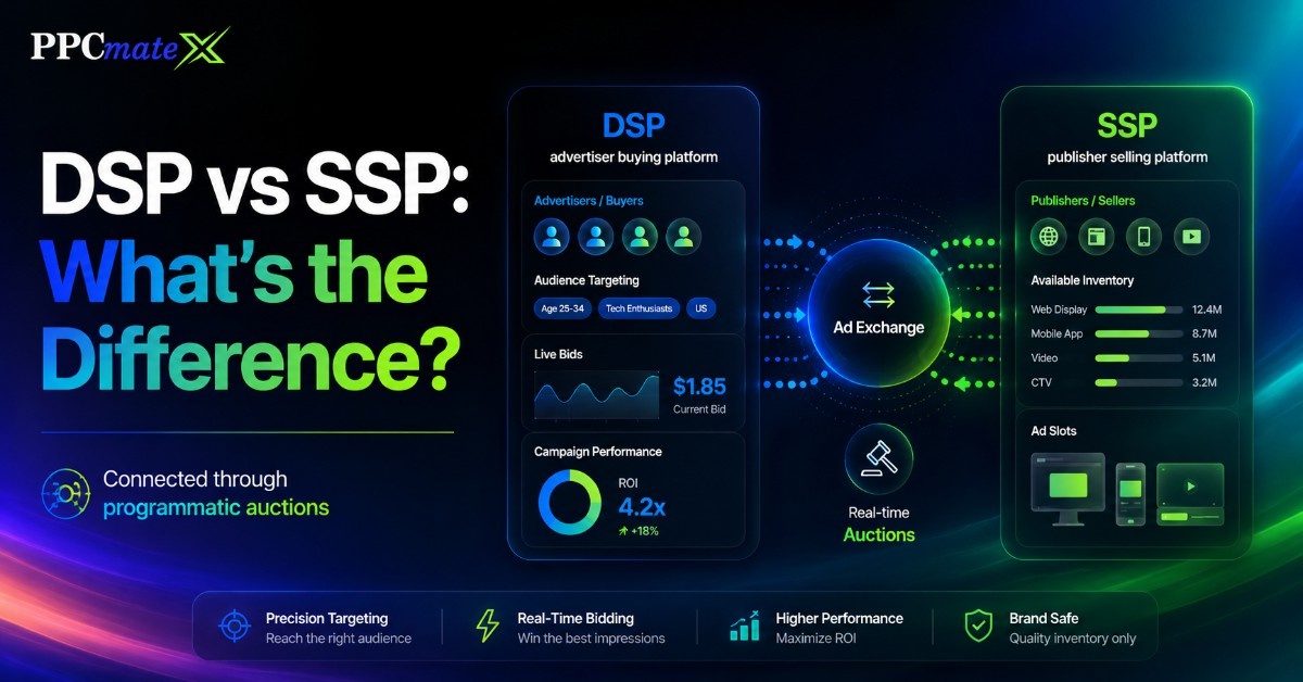 Infographic comparing DSP and SSP platforms, showing advertisers and publishers connected through an ad exchange with real-time programmatic auctions.
