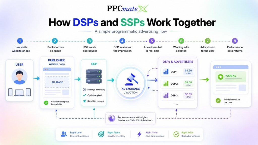 Infographic showing how DSPs and SSPs work together through real-time bidding, from user visit to ad delivery and performance tracking.