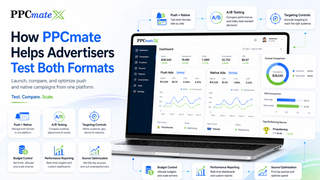PPCmate dashboard showing push and native ad testing, A/B comparisons, targeting controls, performance metrics, and campaign optimization tools.