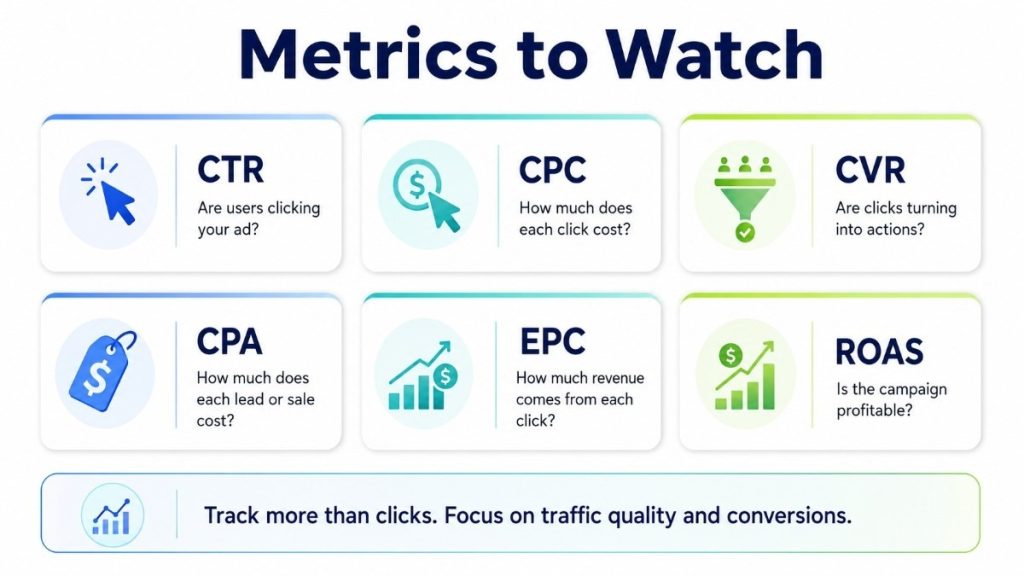 Marketing metrics infographic showing CTR, CPC, CVR, CPA, EPC, and ROAS, with guidance on measuring clicks, conversions, costs, and profitability.