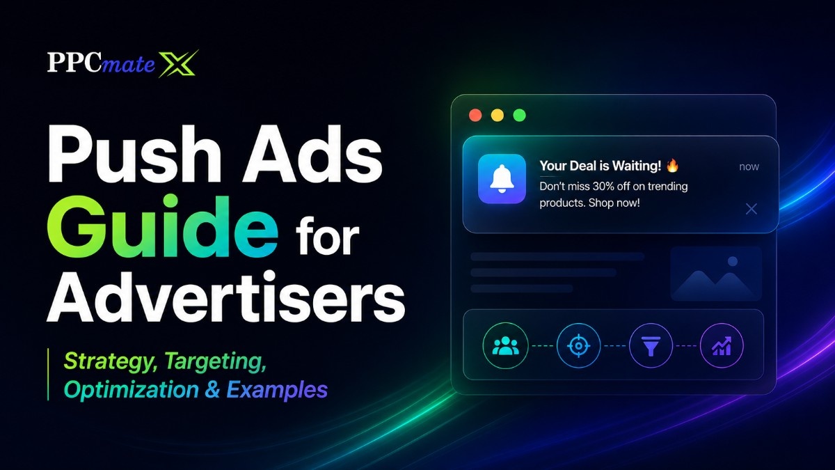 Push Ads guide for advertisers featuring a notification ad, audience targeting, campaign optimization, and performance growth strategies.