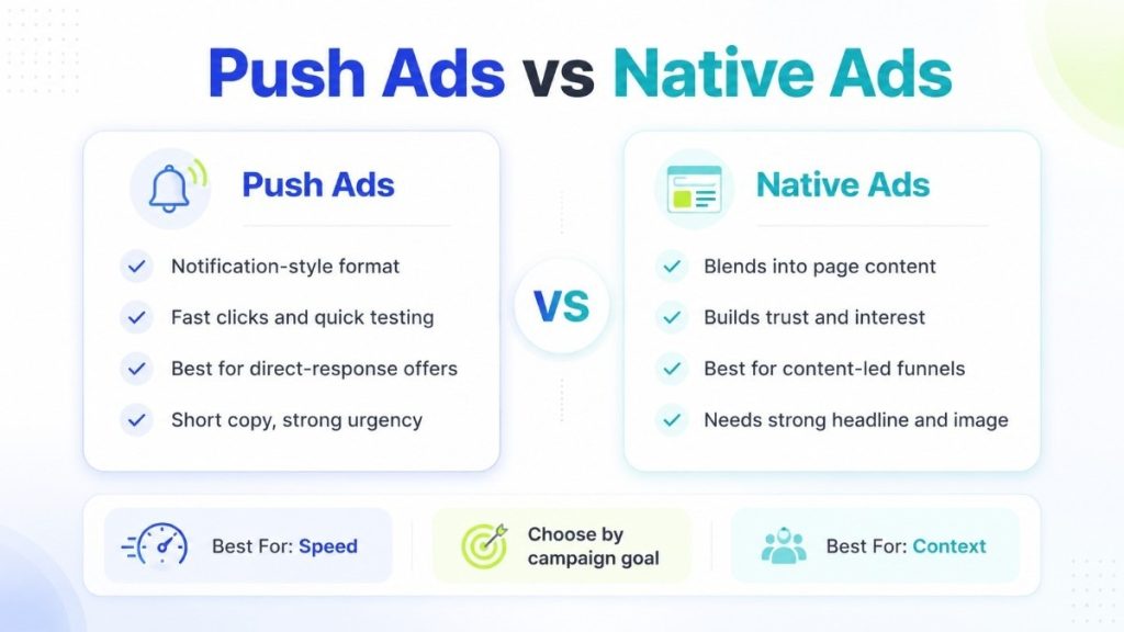 Comparison chart of push ads and native ads, highlighting differences in format, engagement, speed, trust-building, and campaign objectives.
