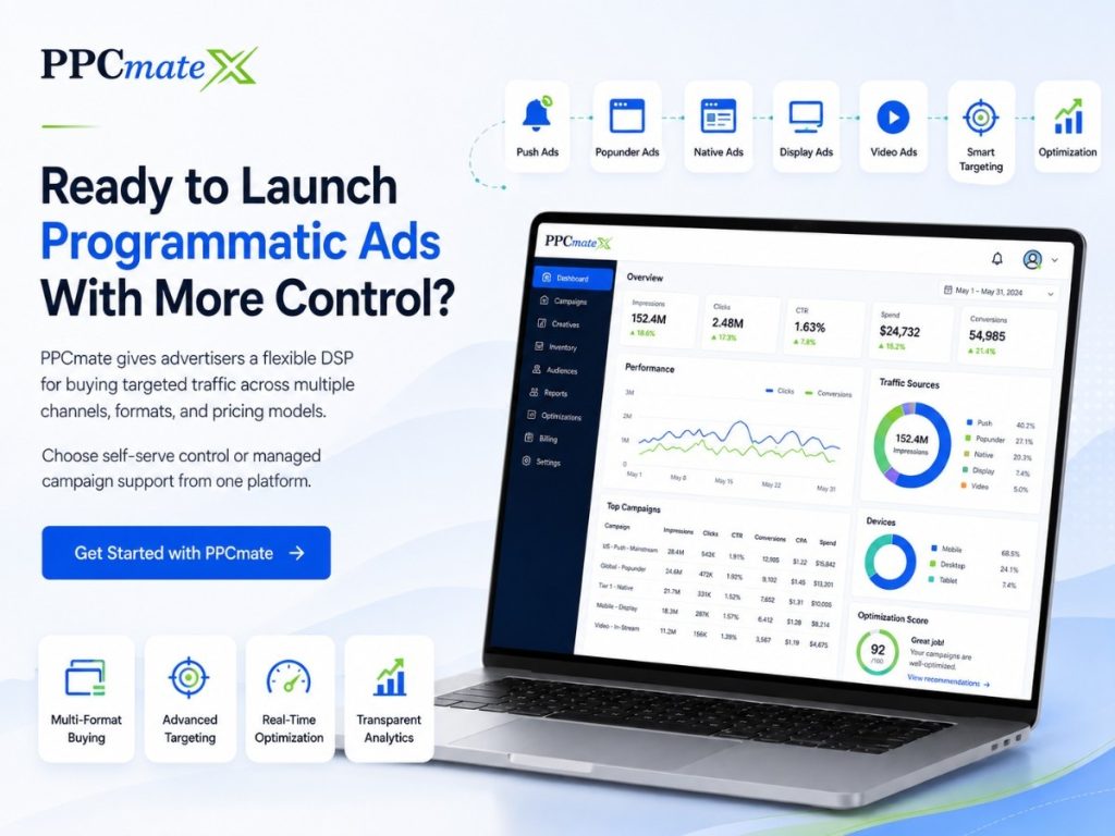 PPCmate dashboard showing programmatic ad campaign control with multi-format buying, targeting, optimization, analytics, and a call to launch ads.