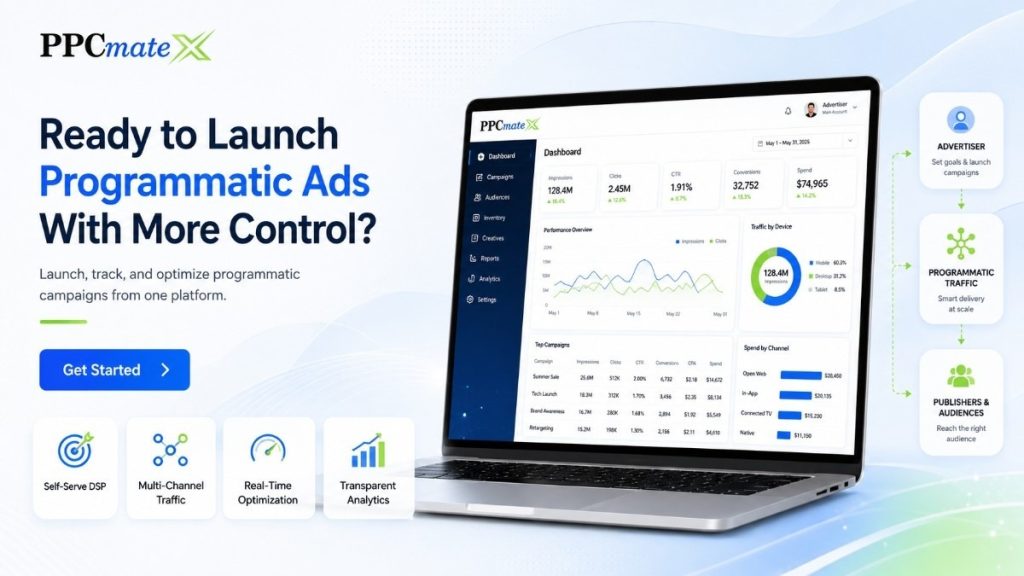 Promotional graphic for a programmatic advertising platform, featuring a DSP dashboard with campaign analytics, optimization, and audience reach.