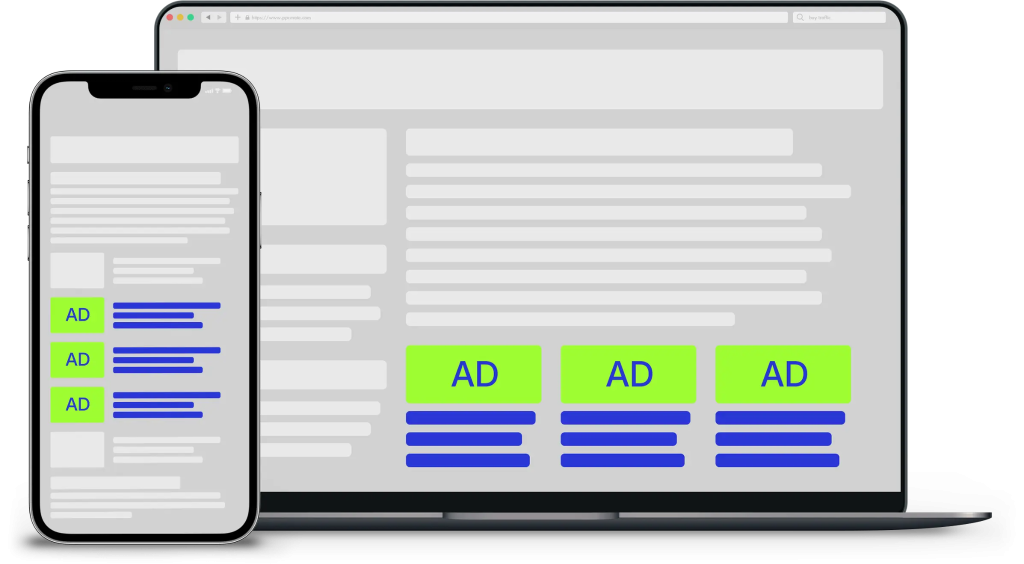 Illustration of native ads integrated into mobile and desktop content feeds, blending with page layouts while displaying sponsored promotions.
