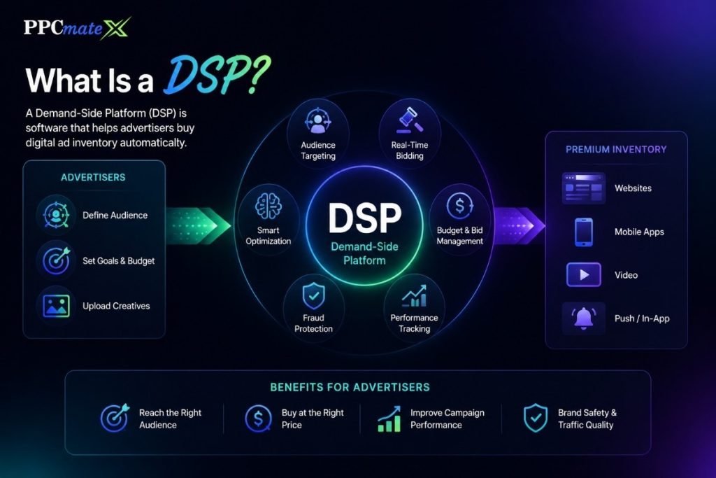 Infographic explaining a DSP (Demand-Side Platform), showing audience targeting, real-time bidding, optimization, and premium ad inventory.