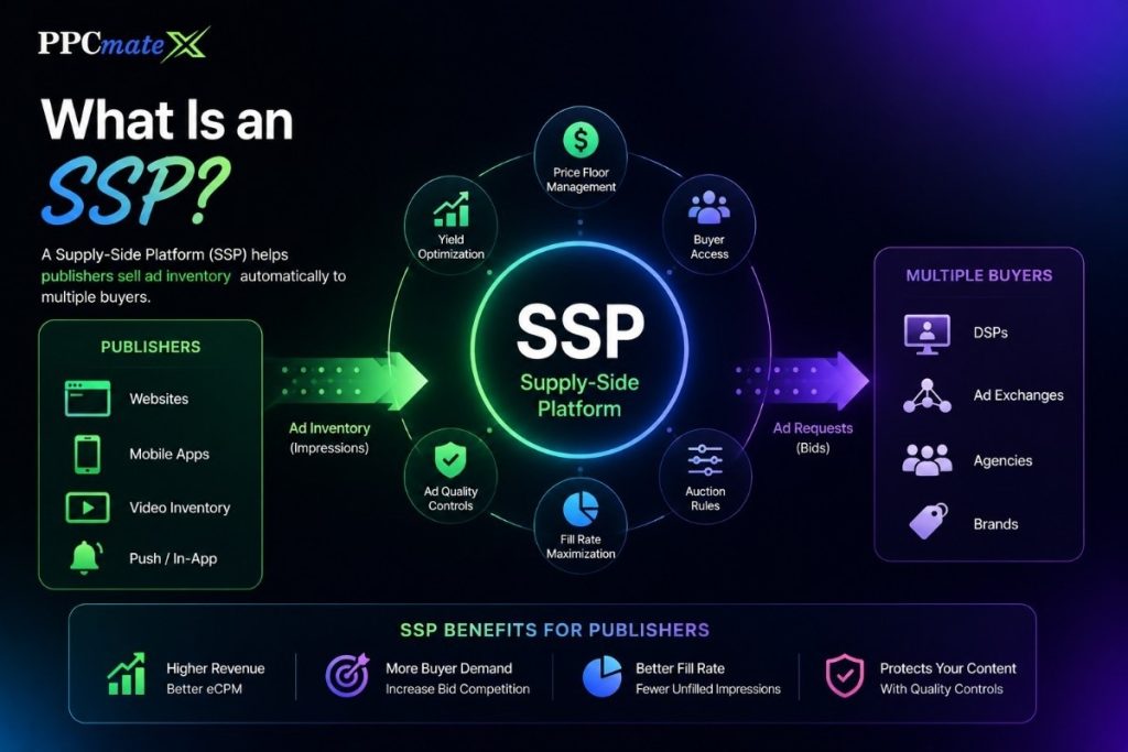 Infographic explaining an SSP (Supply-Side Platform), showing publishers selling ad inventory through auctions to multiple buyers and ad exchanges