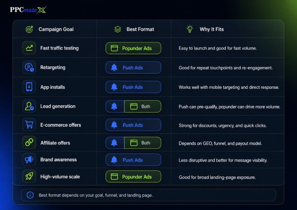 Table comparing push ads and popunder ads by campaign goals, showing the best format for traffic, retargeting, app installs, and lead generation.
