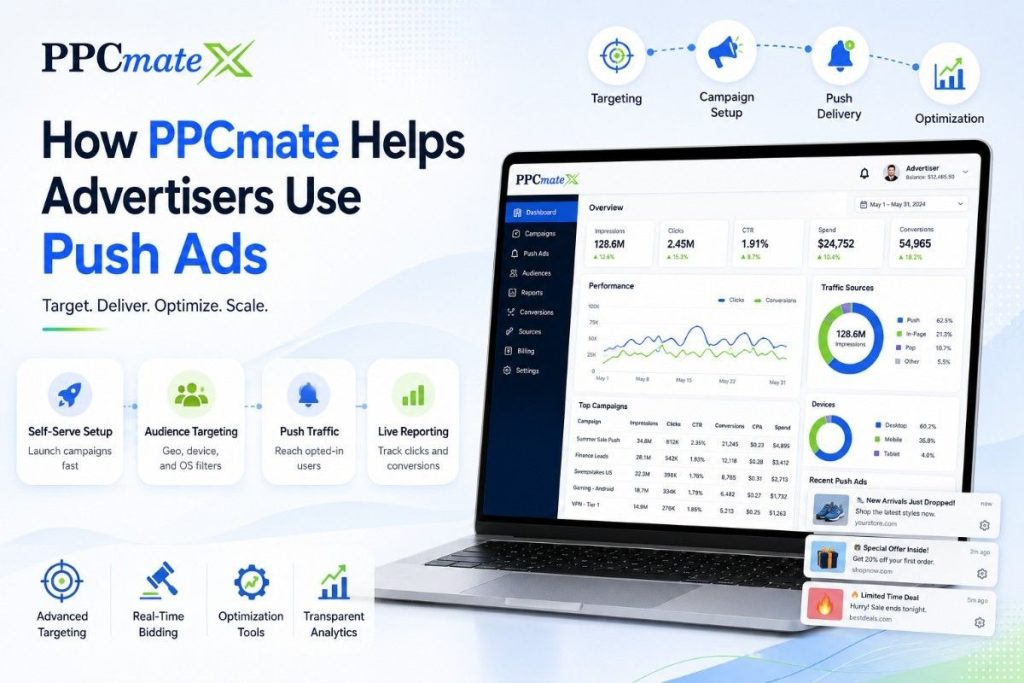 How PPCmate helps advertisers use push ads with a dashboard showing campaign setup, audience targeting, push traffic delivery, live reporting, and optimization tools.