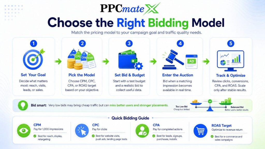 PPCmateX infographic explaining CPM, CPC, CPA, and ROAS bidding models with steps to set goals, budget, bids, and optimize results.