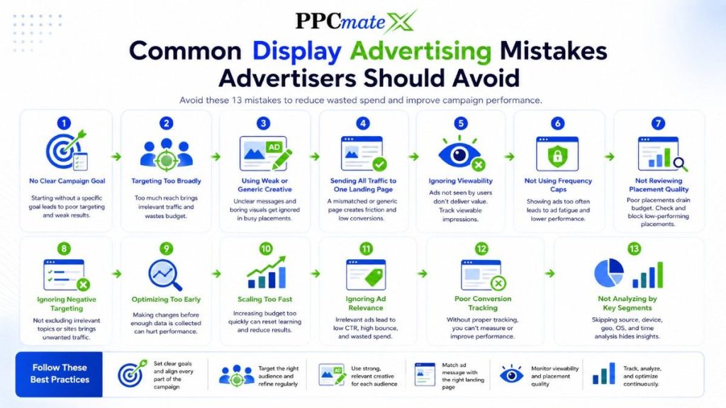 Common Display Advertising Mistakes Advertisers Should Avoid infographic showing 13 key display ad campaign mistakes.
