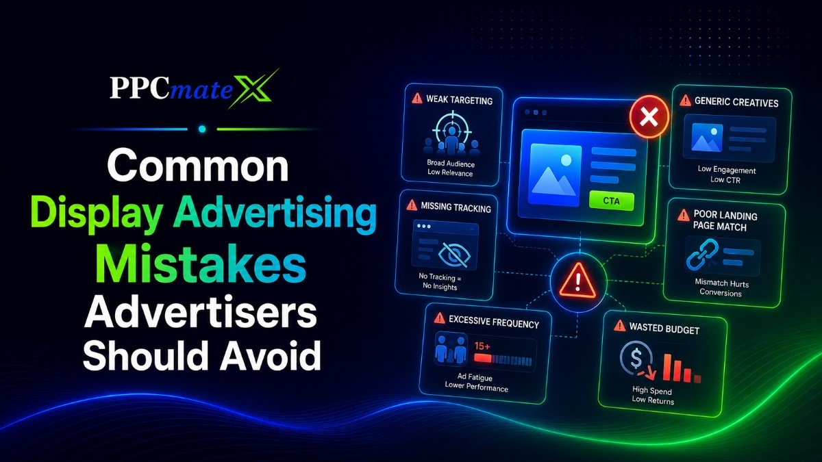 Common Display Advertising Mistakes Advertisers Should Avoid feature image with PPCmateX branding and ad error visuals.