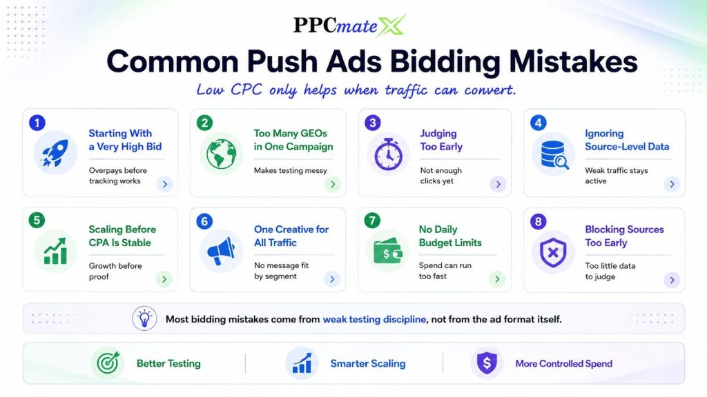 Infographic listing common push ads bidding mistakes, including high bids, too many GEOs, early judgments, weak source data, and no budget limits.