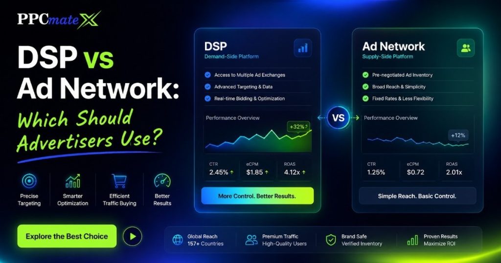 Comparison infographic of DSPs and ad networks, highlighting targeting, optimization, traffic buying, performance metrics, and advertiser benefits.