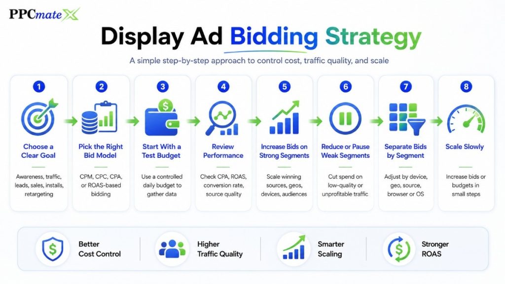 PPCmate display ad bidding strategy infographic showing goal selection, bid models, test budget, performance review, segment bids and slow scaling steps.