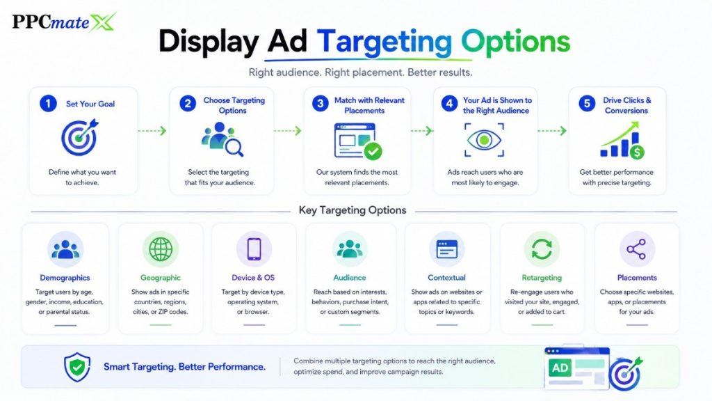 PPCmate display ad targeting options infographic showing audience, location, device, technical, source, placement, time and frequency targeting setup.