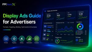 PPCmate display ads guide for advertisers feature image showing ad formats, targeting, bidding, optimization and examples with a modern analytics dashboard design visual.