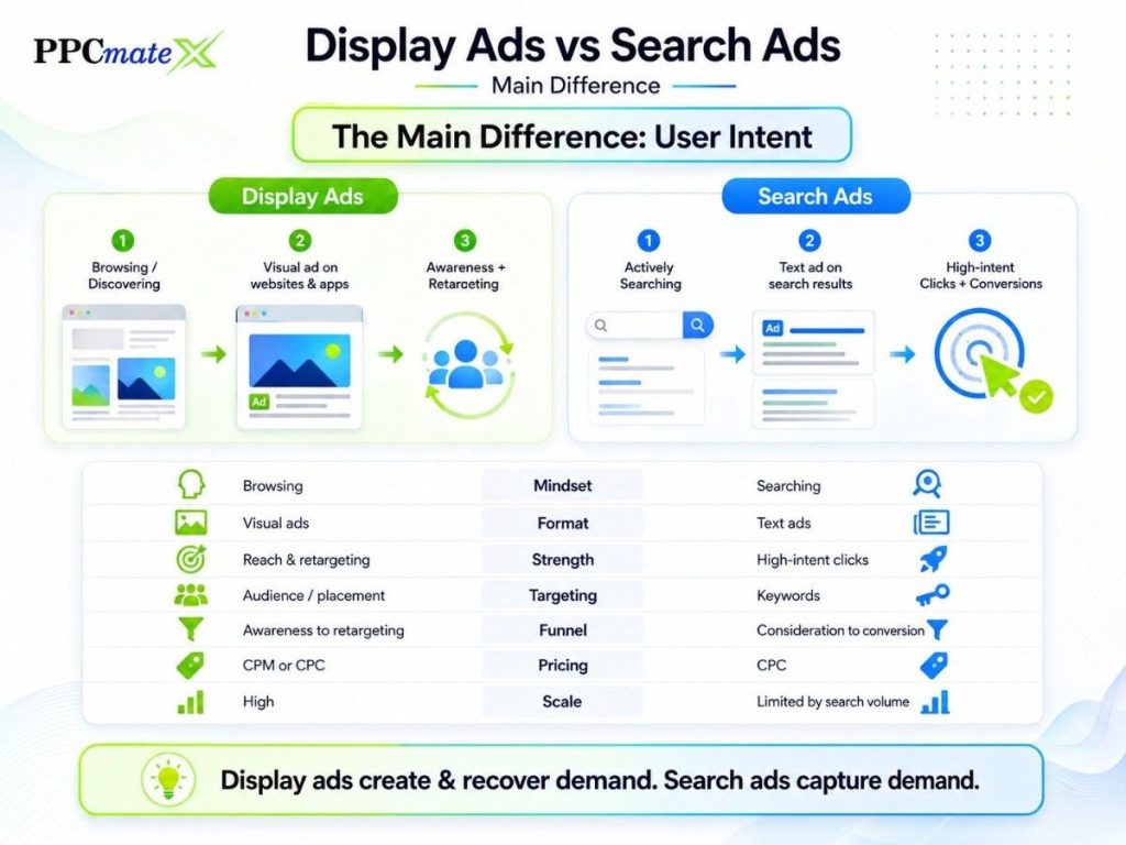 Infographic explaining the main difference between display ads and search ads, showing browsing users, visual ads, search intent, and conversions.