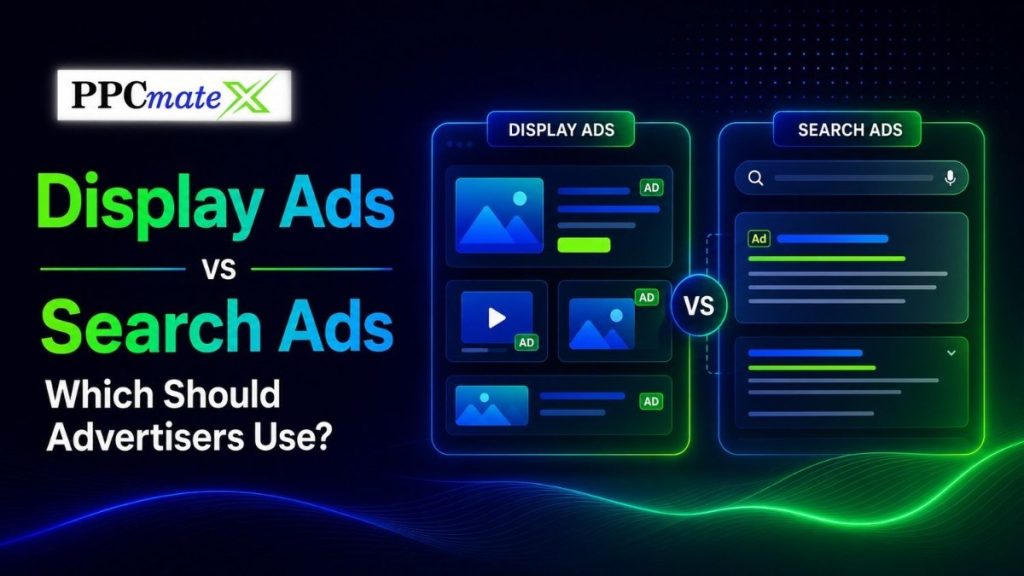 Display Ads vs Search Ads hero graphic showing a visual comparison between display advertising and search advertising, with neon dashboard panels, visual ad cards, and search result ad layouts.