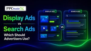 Display Ads vs Search Ads hero graphic showing a visual comparison between display advertising and search advertising, with neon dashboard panels, visual ad cards, and search result ad layouts.