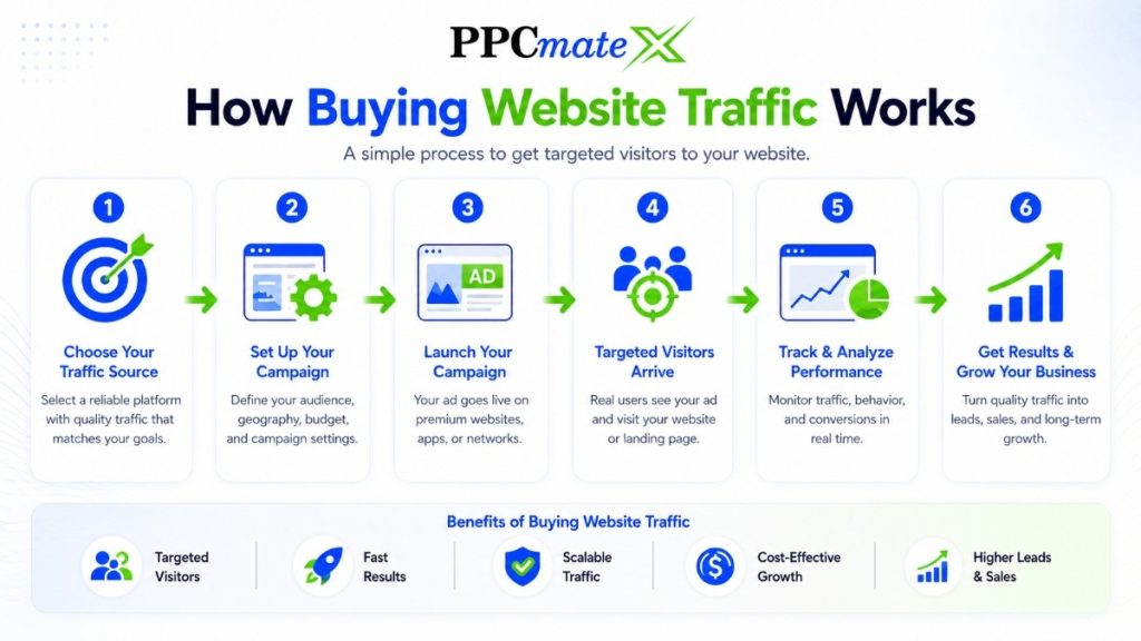 PPCmateX infographic showing the process of buying website traffic, from campaign setup to targeted visitors, tracking, and results.