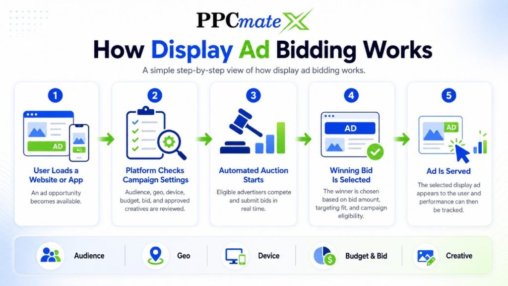 How Display Ad Bidding Works infographic showing five steps: page load, campaign checks, auction, winning bid, and served ad.
