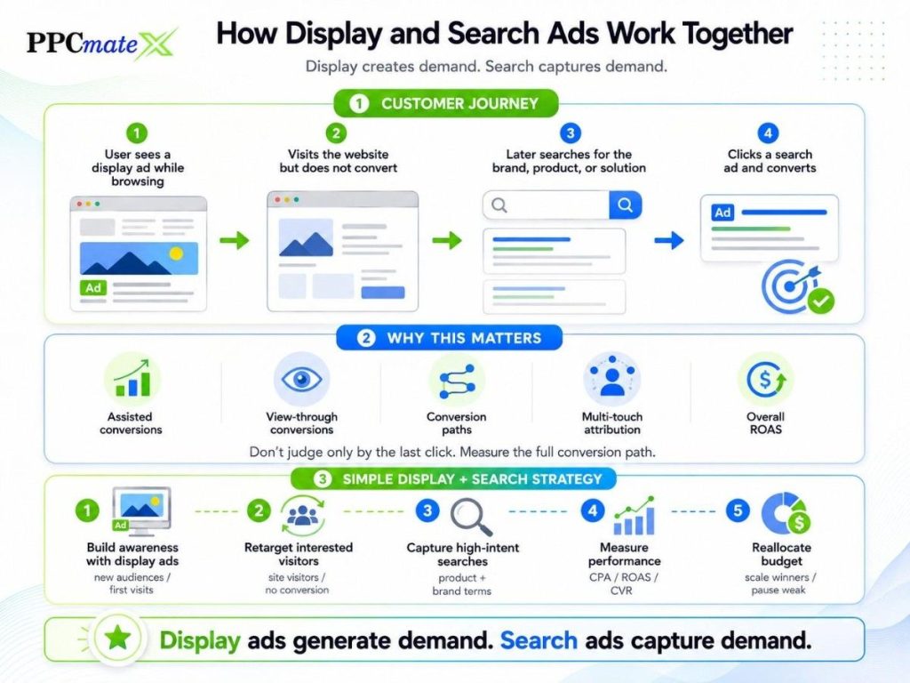 Process infographic showing how display ads create demand, retarget visitors, and search ads capture high-intent users who convert.