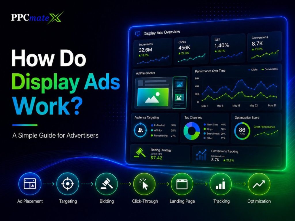 PPCmate branded dark gradient feature image showing the title “How Do Display Ads Work?” with a futuristic display ads dashboard, campaign metrics, and a visual workflow from ad placement to optimization.