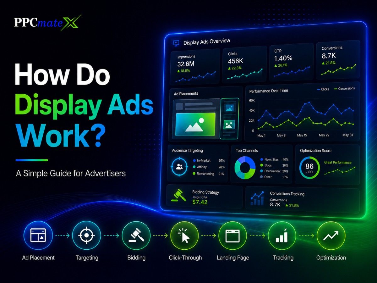 PPCmate branded dark gradient feature image showing the title “How Do Display Ads Work?” with a futuristic display ads dashboard, campaign metrics, and a visual workflow from ad placement to optimization.