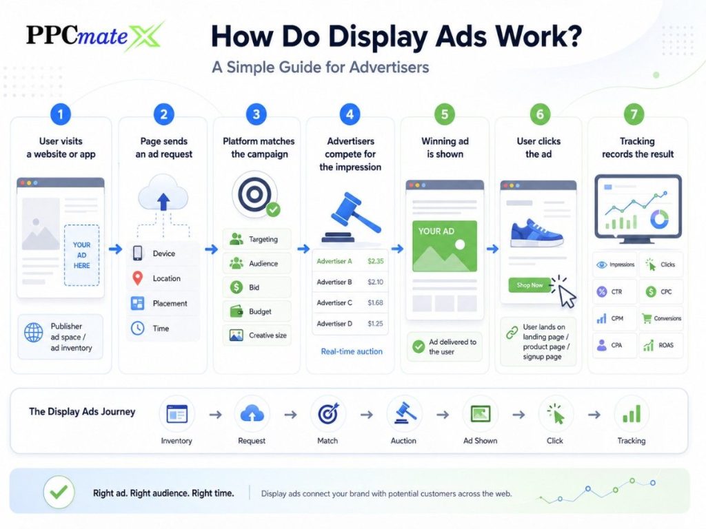 light PPCmate infographic explaining how display ads work in seven steps: user visits a site, ad request is sent, platform matches the campaign, advertisers bid, winning ad is shown, user clicks, and tracking records results.