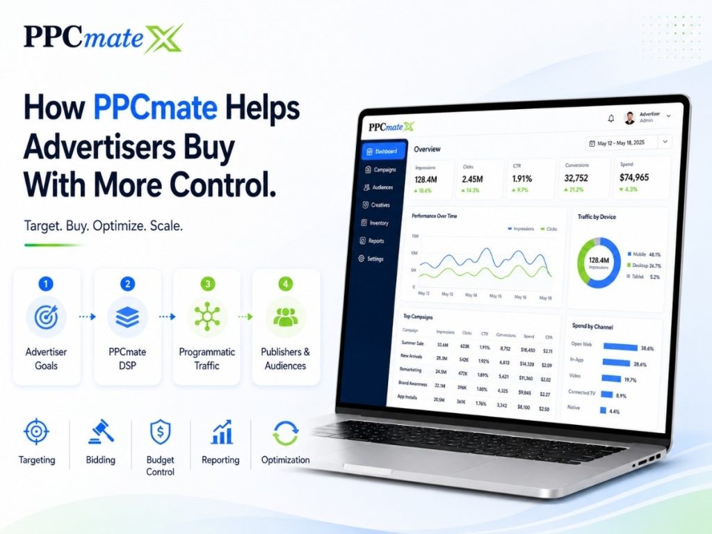 PPCmate dashboard illustrating advertiser control with targeting, bidding, budget management, reporting, optimization, and programmatic traffic buying.