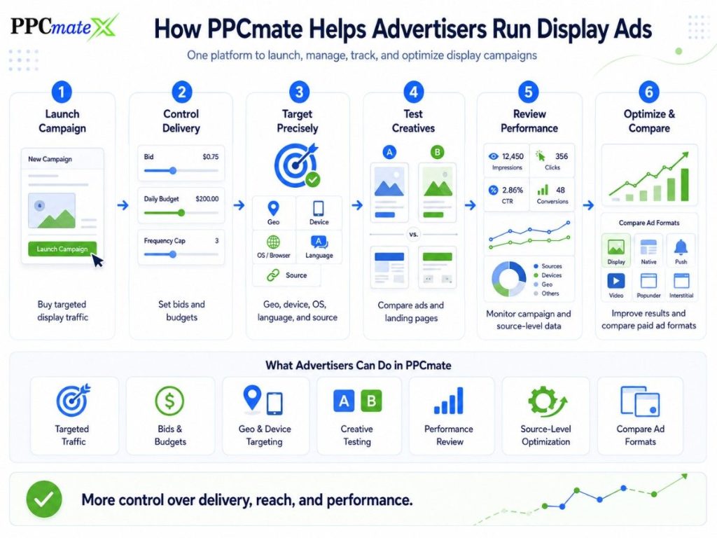 PPCmate infographic showing how advertisers can launch, manage, target, test, review, and optimize display ad campaigns from one platform.