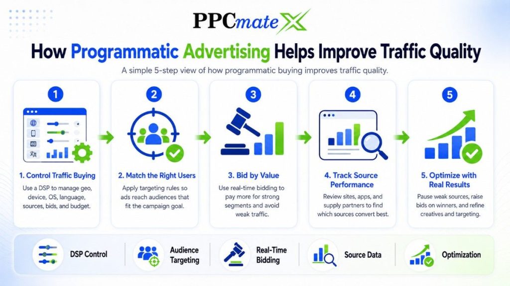 Infographic for How Programmatic Advertising Helps Improve Traffic Quality, showing DSP control, targeting, bidding, source data, and optimization.