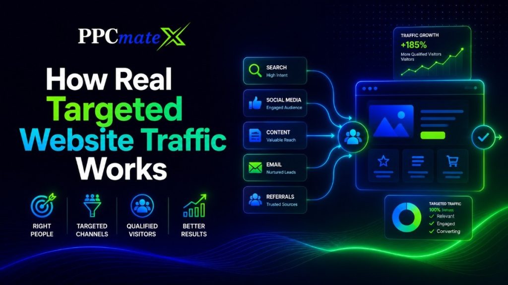 How Real Targeted Website Traffic Works infographic showing audience rules, traffic channels, qualified visitors, and growth results.