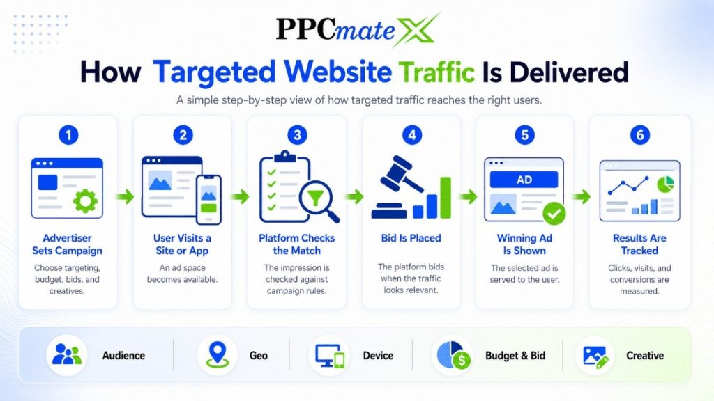 How Targeted Website Traffic Is Delivered infographic showing campaign setup, user visits, match checks, bidding, ad display, and tracking.
