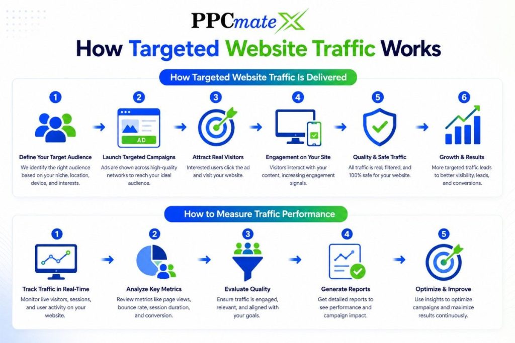 How Targeted Website Traffic Works infographic with delivery steps and performance measurement workflow for targeted visitors.