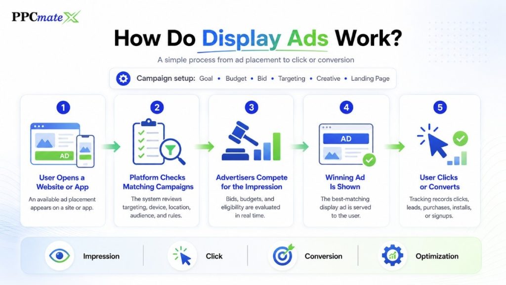 infographic explaining how display ads work, from website visit and campaign matching to real-time bidding, ad display, click and conversion path.