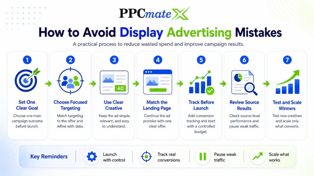 How to Avoid Display Advertising Mistakes infographic showing a step-by-step process to reduce wasted spend and improve results.