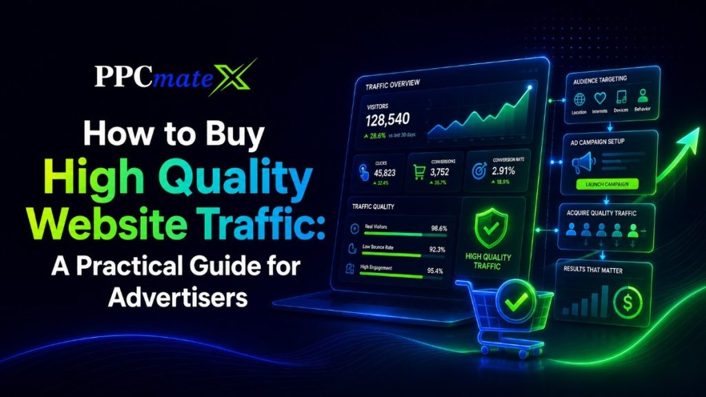 PPCmateX feature image showing high quality website traffic buying with targeting, analytics, campaign setup, and growth icons.