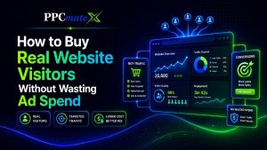 PPCmate infographic showing how to buy real website visitors using targeted traffic, tracking, optimization, and controlled ad spend.