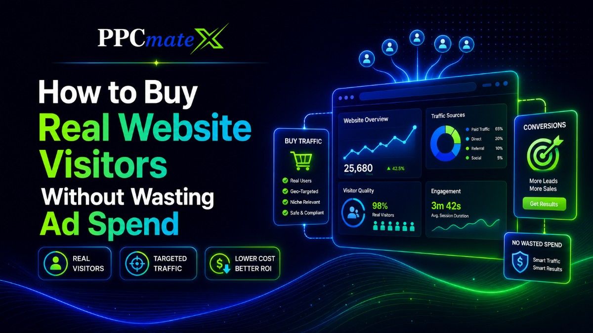 PPCmate infographic showing how to buy real website visitors using targeted traffic, tracking, optimization, and controlled ad spend.