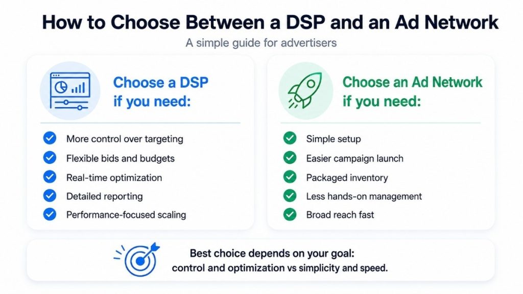 Guide comparing DSPs and ad networks, outlining key benefits, setup differences, targeting control, optimization, and campaign management needs.