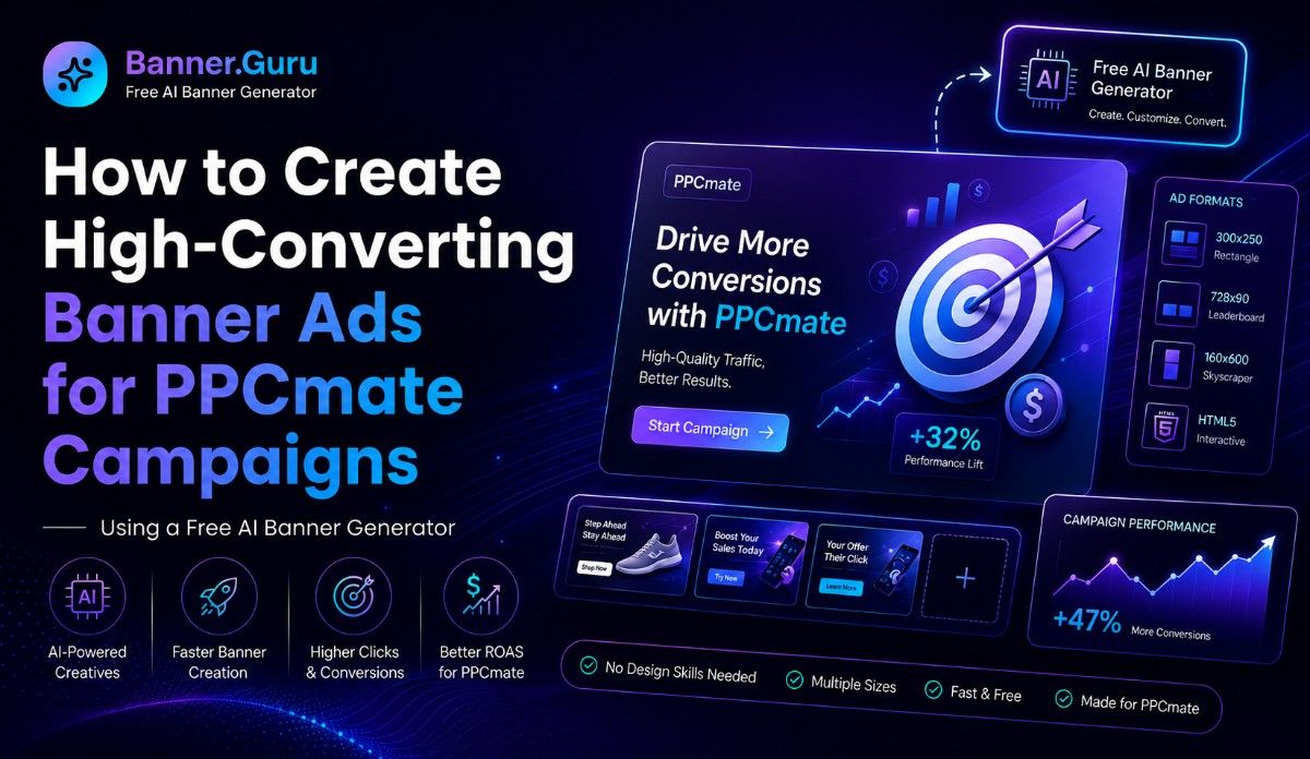 Banner.Guru PPCmate graphic explaining how to create high-converting banner ads with AI tools, ad formats, campaign UI, and performance stats fast.
