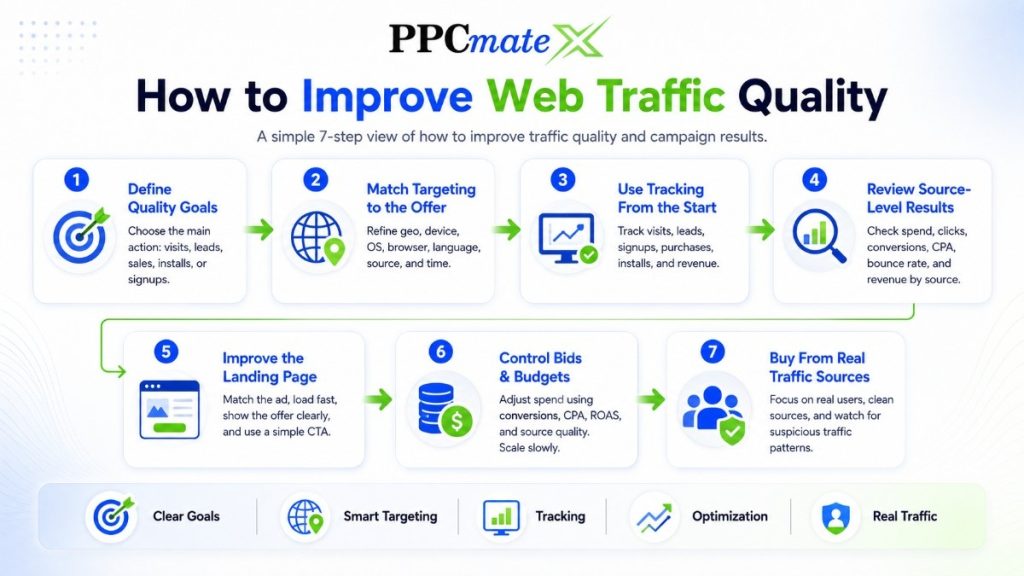 Infographic for How to Improve Web Traffic Quality, showing seven steps from goal setting and targeting to tracking, optimization, and real traffic.