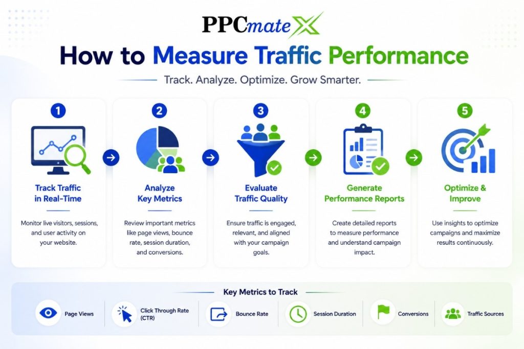 PPCmate infographic showing how to measure traffic performance with tracking, key metrics, quality checks, reports, and optimization.