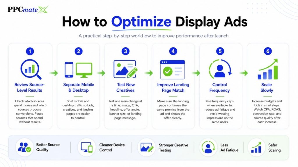 PPCmate infographic showing how to optimize display ads with source review, device split, creative tests, landing page match, frequency control and scaling.