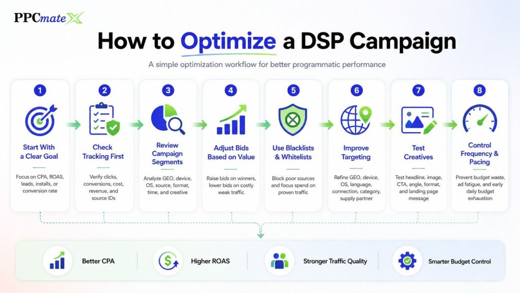 Infographic showing DSP campaign optimization steps: set goals, track conversions, review segments, adjust bids, use blacklists, refine targeting, and test creatives.